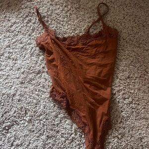 Brown Lace Trim Bodysuit